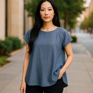 Free People Chambray Blue Oversized Tunic Top With Pockets Oversized Boho XS #94